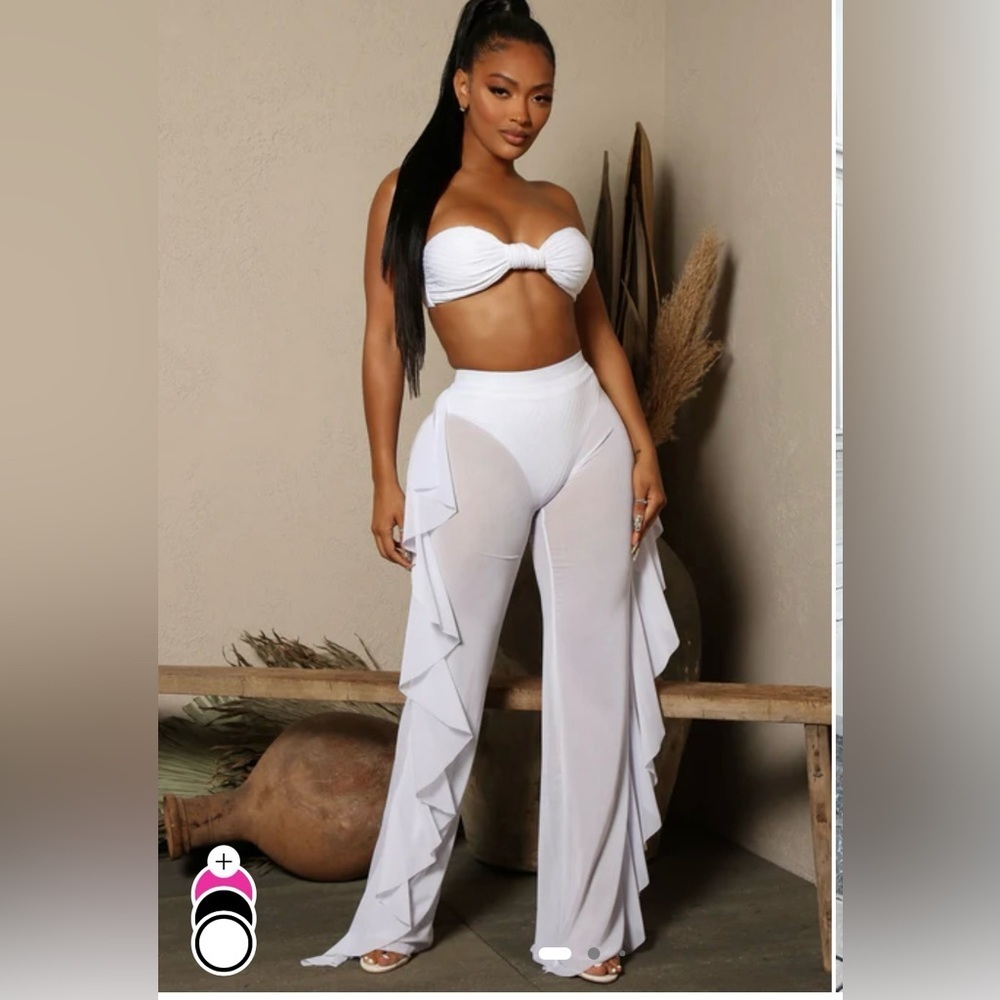 Fashion Nova Sunshine Sheer Cover Up Pants White Ruffle Swim XL NWT